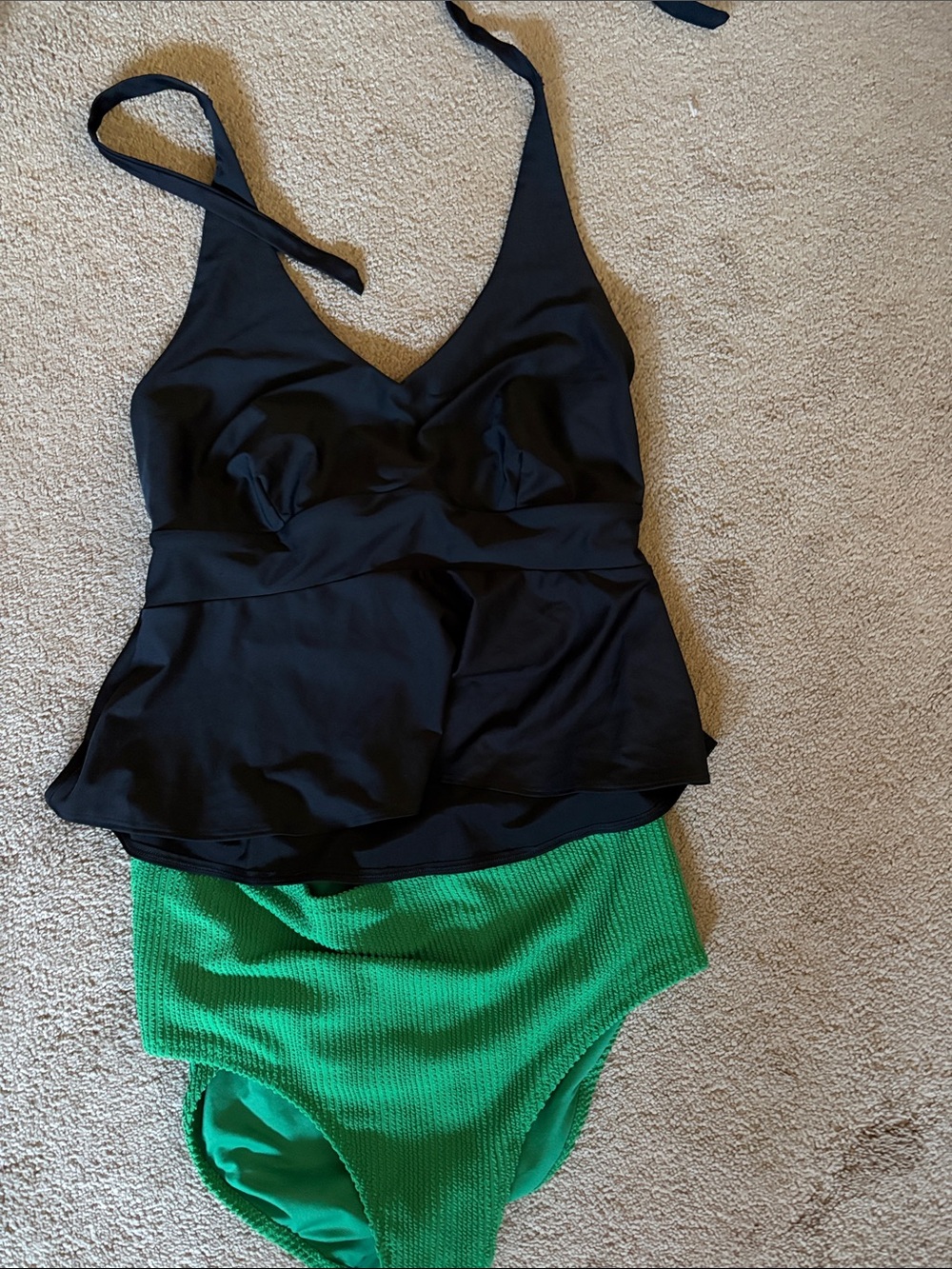 Old Navy Black Peplum Tankini Top with Green High-Waist Bikini Bottoms